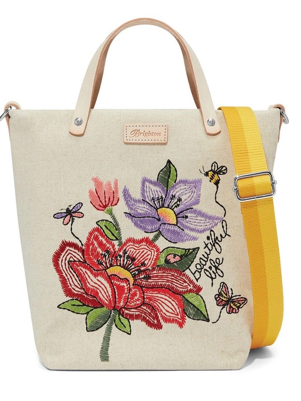 Brighton Cream Canvas Floral Tote with Yellow Strap and Embroidered Blooms